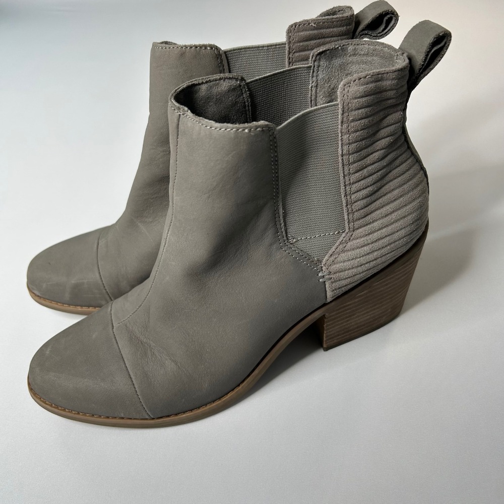 TOMS Marina Womens Ankle Boots Size 12 Gray Leather Chelsea Block Heel Booties